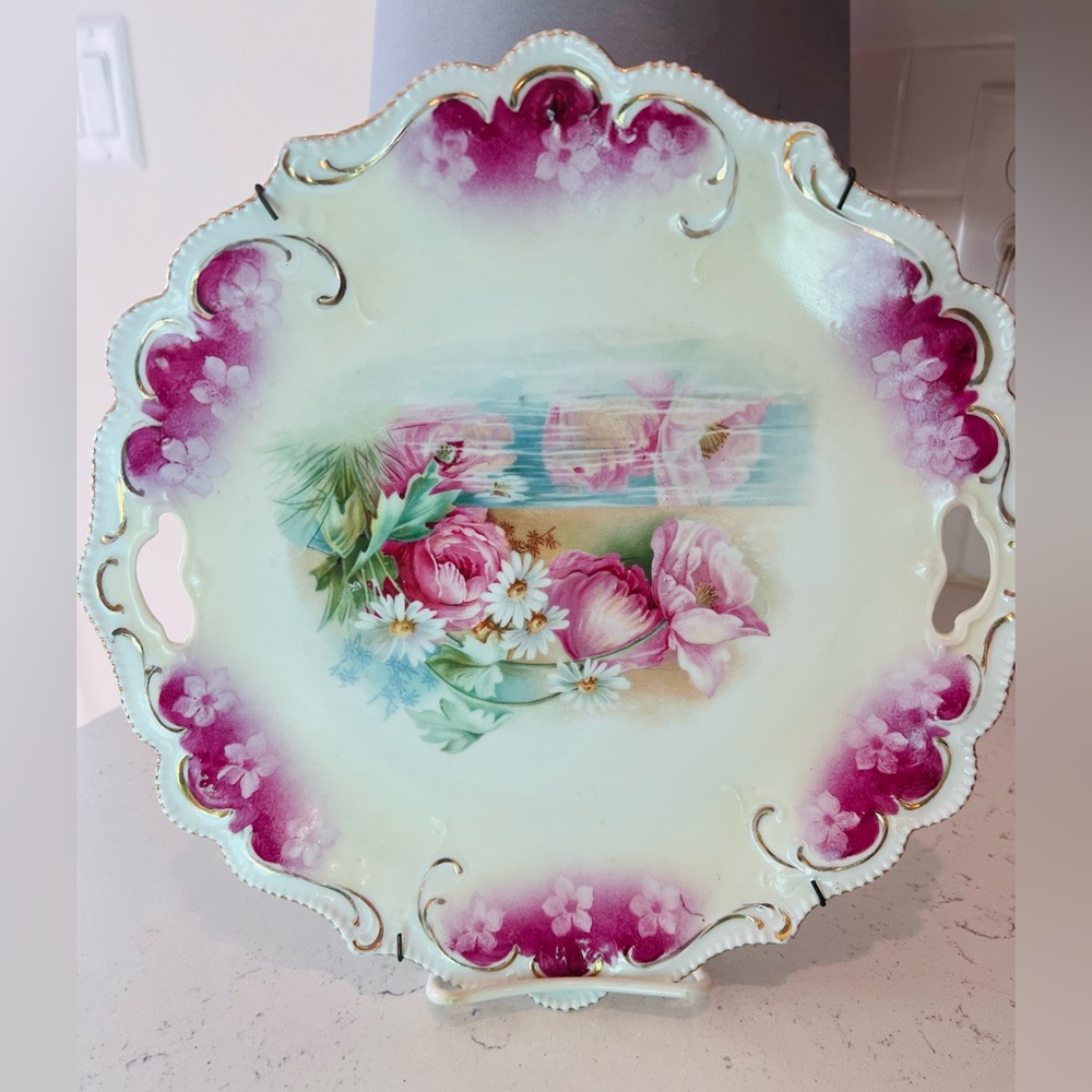 Antique Cake Plate RS Prussia Wreath & Star [1870-1918] Reflecting Floral